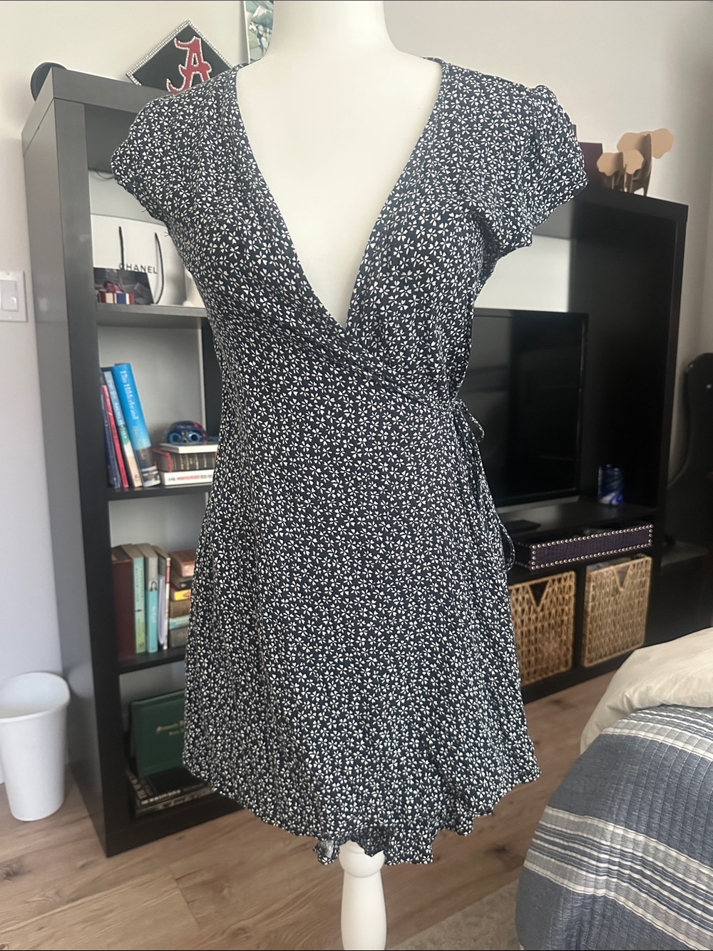Brandy Melville Navy Mini Wrap Dress with White Floral Print